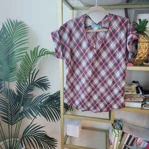 Christmas Tartan Plaid Satin Feel Short Sleeve V-Neck Top